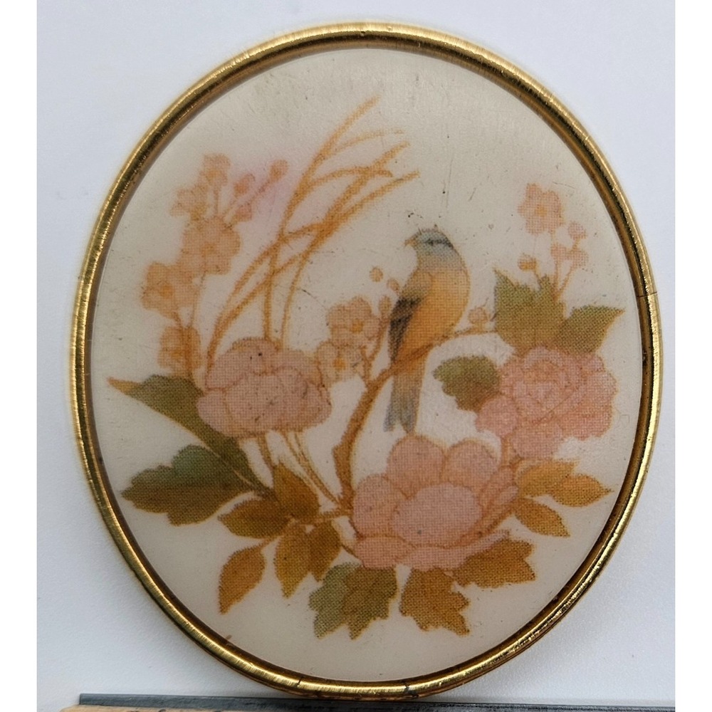 Vintage TRIFARI Bird Floral Round Brooch Pin Gold Tone Nature Lover Cottagecore